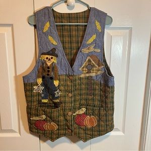 Vintage Reversible Halloween Quilted Handmade Vest Scarecrows Plaid Pumpkins